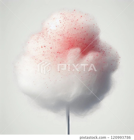 A fluffy white cotton candy with red sprinkles on a stick against a plain background. A fluffy white cotton candy with red sprinkles on a stick against a plain background. 120993786