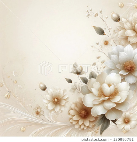 Elegant Floral Arrangement Featuring White and Gold Flowers with Artistic Leaves and Stems in a Soft, Neutral Background Illustrating the Harmony and Tranquility of Nature's Beauty and Serenity 120993791