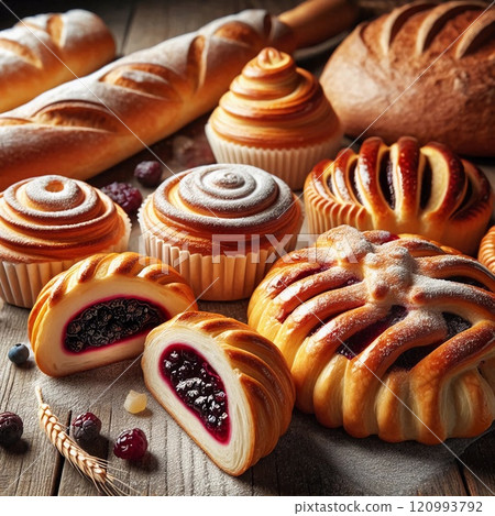 Assortment of freshly baked bread and pastries with blueberries and wheat stalks creating a rustic and appetizing scene. Assortment of freshly baked bread and pastries with blueberries and wheat stalks creating a rustic and appetizing scene. 120993792