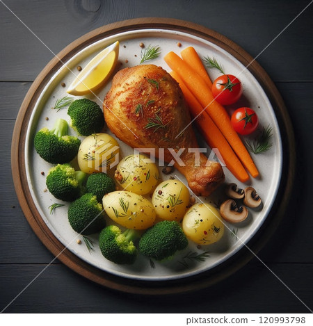 A delicious meal with roasted chicken drumstick boiled potatoes broccoli cherry tomatoes carrot sticks lemon wedge garnished with fresh dill. A delicious meal with roasted chicken drumstick boiled potatoes broccoli cherry tomatoes carrot sticks lemon wedge garnished with fresh dill. 120993798