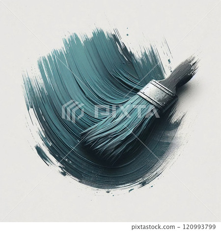 A paintbrush spreads thick teal paint on a textured canvas creating a visually appealing and artistic effect. A paintbrush spreads thick teal paint on a textured canvas creating a visually appealing and artistic effect. 120993799