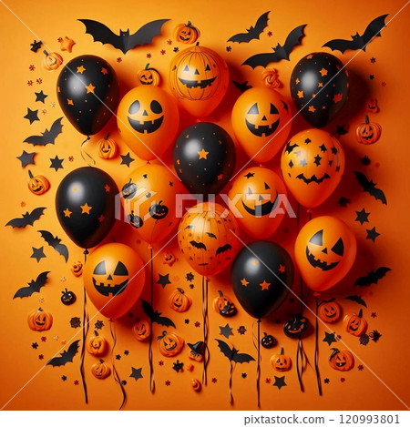 Close up of Halloween themed balloons on orange background. Close up of Halloween themed balloons on orange background. 120993801
