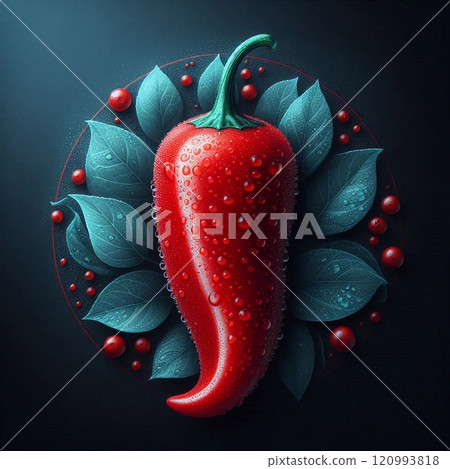 A vibrant red chili pepper with water droplets on a dark background surrounded by blue leaves and small red berries A vibrant red chili pepper with water droplets on a dark background surrounded by blue leaves and small red berries 120993818
