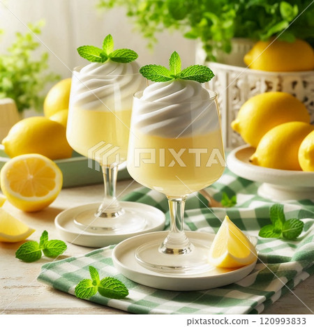 Refreshing Lemon Dessert Parfait with Fresh Mint Garnish on a White Plate Surrounded by Sliced and Whole Lemons, Set on a Textured Green Napkin, Emphasizing Brightness and Fresh Flavors 120993833