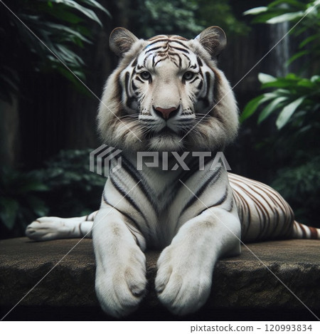 A majestic white tiger lies on a rock in a lush green jungle surrounded by dense foliage and vibrant plants. A majestic white tiger lies on a rock in a lush green jungle surrounded by dense foliage and vibrant plants. 120993834