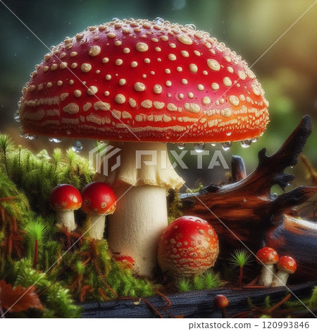 Enchanted Forest Scene Featuring Dew-Covered Amanita Mushrooms with Lush Green Moss and Fallen Tree Branch on a Misty Morning Enchanted Forest Scene Featuring Dew-Covered Amanita Mushrooms with Lush Green Moss and Fallen Tree Branch on a Misty Morning 120993846