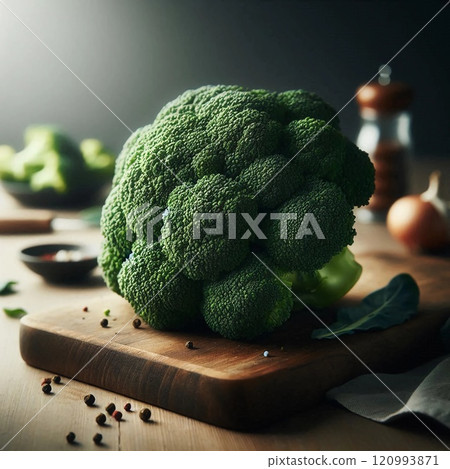 Close-Up of Fresh Broccoli with Vibrant Green Florets Against a Neutral Background Highlighting Texture and Nutritional Appeal for Healthy Eating and Vegan Lifestyles 120993871
