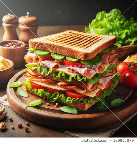 A delicious sandwich with ham cheese lettuce and tomato on a wooden board surrounded by fresh ingredients and spices. A delicious sandwich with ham cheese lettuce and tomato on a wooden board surrounded by fresh ingredients and spices. 120993879