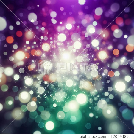 Close-up of a blurred background with multiple lights in green, purple and white. 120993893
