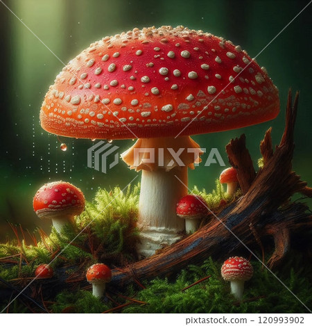 Enchanted Forest Scene Featuring Dew-Covered Amanita Mushrooms with Lush Green Moss and Fallen Tree Branch on a Misty Morning Enchanted Forest Scene Featuring Dew-Covered Amanita Mushrooms with Lush Green Moss and Fallen Tree Branch on a Misty Morning 120993902