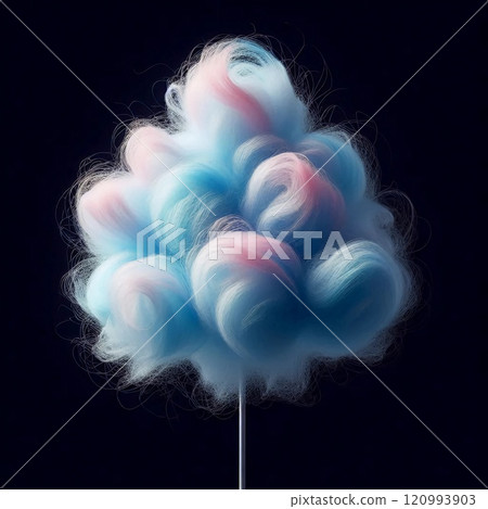 Fluffy blue and pink cotton candy on a stick against a dark background creating a whimsical and dreamy atmosphere. Fluffy blue and pink cotton candy on a stick against a dark background creating a whimsical and dreamy atmosphere. 120993903