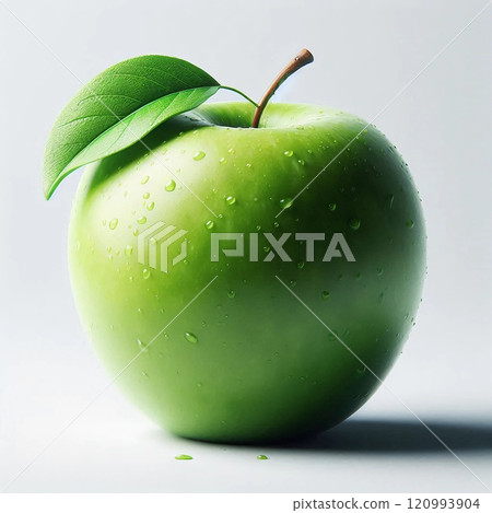 Close-Up of a Fresh Green Apple with Water Droplets on Its Surface Against a White Background, Highlighting Its Juicy and Crisp Texture, Perfect for Healthy Eating Concepts 120993904