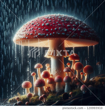 A group of vibrant red amanita mushrooms with white spots glistening in the rain creating a magical and enchanting forest scene. 120993910