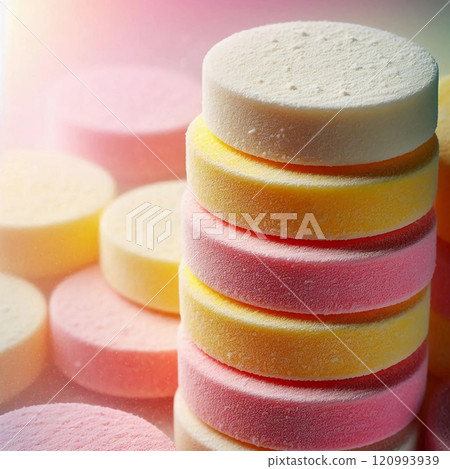 Close-up of stacked multi-colored pills on a pastel background, showing textures and vibrant shades of pink, yellow and cream. Ideal for medical concepts. 120993939