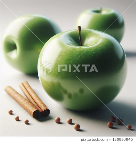 Close-Up of a Fresh Green Apple with Water Droplets on Its Surface Against a White Background, Highlighting Its Juicy and Crisp Texture, Perfect for Healthy Eating Concepts 120993940