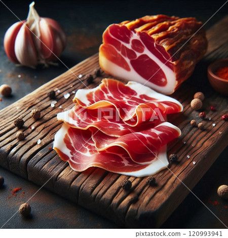 Rustic Gourmet Arrangement of Cured Ham with Artisan Slices and Seasonings on Wooden Board Amidst Authentic Rustic Setting Rustic Gourmet Arrangement of Cured Ham with Artisan Slices and Seasonings on Wooden Board Amidst Authentic Rustic Setting 120993941