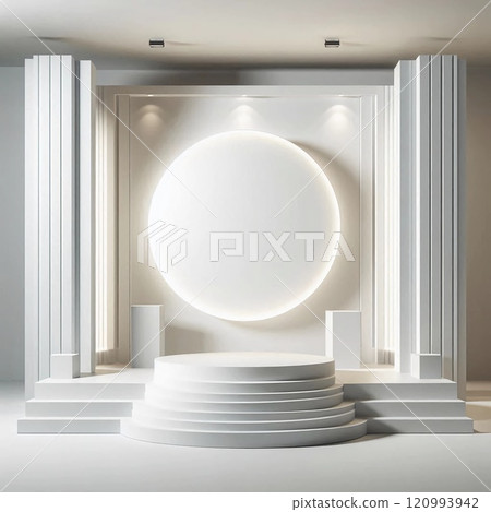 Modern minimalist white stage with circular light and geometric columns creating an elegant backdrop for presentations or events Modern minimalist white stage with circular light and geometric columns creating an elegant backdrop for presentations or events 120993942