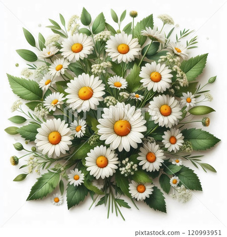 A beautiful bouquet of daisies and small white flowers with green leaves creating a fresh and natural look. A beautiful bouquet of daisies and small white flowers with green leaves creating a fresh and natural look. 120993951