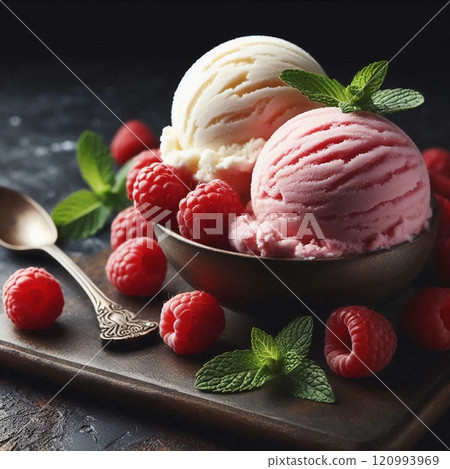 Delicious scoops of vanilla and strawberry ice cream topped with fresh raspberries and mint in a rustic wooden bowl for the perfect decadent dessert Delicious scoops of vanilla and strawberry ice cream topped with fresh raspberries and mint in a rustic wooden bowl for the perfect decadent dessert 120993969