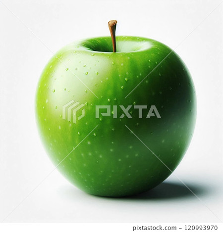 Close-Up of a Fresh Green Apple with Water Droplets on Its Surface Against a White Background, Highlighting Its Juicy and Crisp Texture, Perfect for Healthy Eating Concepts 120993970