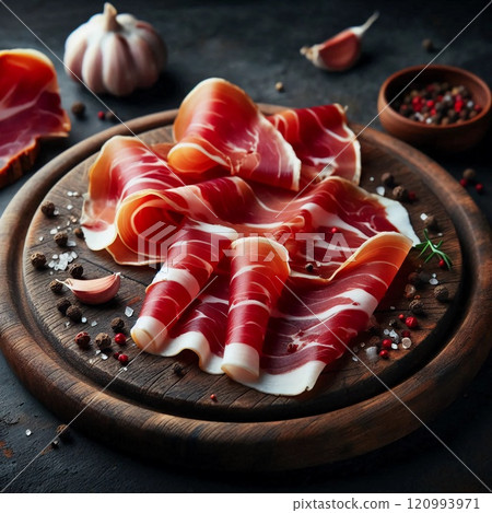 Rustic Gourmet Arrangement of Cured Ham with Artisan Slices and Seasonings on Wooden Board Amidst Authentic Rustic Setting 120993971
