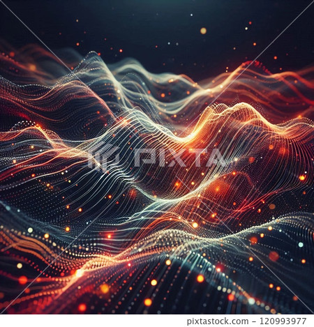 A mesmerizing digital landscape of flowing lines and glowing particles creating a dynamic and futuristic abstract background. 120993977