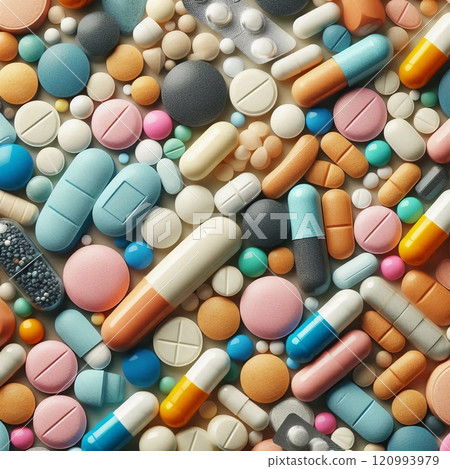 Variety of Colorful Pharmaceutical Pills and Tablets Arranged in a Close-Up Shot, Showcasing Different Shapes, Sizes, and Textures for Medical and Healthcare Themes 120993979