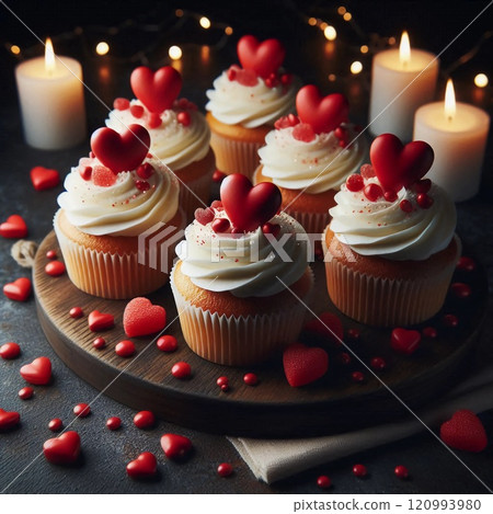 Romantic Cupcakes with Heart Decorations and Candlelight, Perfect for Valentine's Day Celebrations or Special Occasions. Delightful Dessert with Creamy Frosting, Surrounded by Red Hearts and Glowing Romantic Cupcakes with Heart Decorations and Candlelight, Perfect for Valentine's Day Celebrations or Special Occasions. Delightful Dessert with Creamy Frosting, Surrounded by Red Hearts and Glowing 120993980