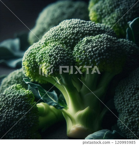 Close-Up of Fresh Broccoli with Vibrant Green Florets Against a Neutral Background Highlighting Texture and Nutritional Appeal for Healthy Eating and Vegan Lifestyles 120993985