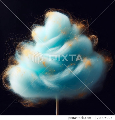 Dreamy blue cotton candy on a dark background evoking a sense of sweetness and whimsy in a magical, surreal artistic setting. 120993997