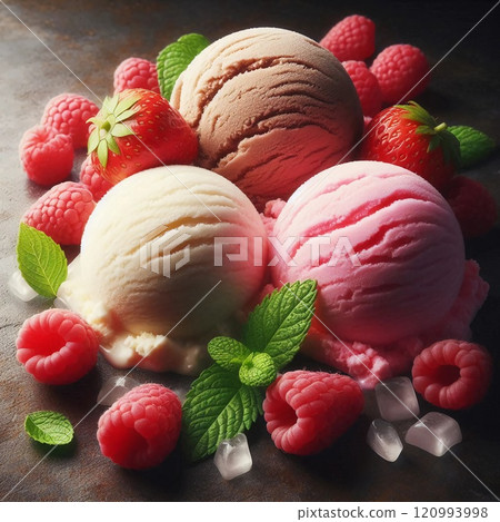 Delicious Scoops of Vanilla, Chocolate, and Strawberry Ice Cream Garnished with Fresh Raspberries and Mint in a Rustic Wooden Bowl for a Perfect Indulgent Dessert Experience 120993998