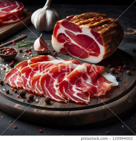 Rustic Gourmet Arrangement of Cured Ham with Artisan Slices and Seasonings on Wooden Board Amidst Authentic Rustic Setting 120994002