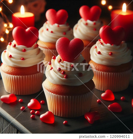 Romantic Cupcakes with Heart Decorations and Candlelight, Perfect for Valentine's Day Celebrations or Special Occasions. Delightful Dessert with Creamy Frosting, Surrounded by Red Hearts and Glowing Romantic Cupcakes with Heart Decorations and Candlelight, Perfect for Valentine's Day Celebrations or Special Occasions. Delightful Dessert with Creamy Frosting, Surrounded by Red Hearts and Glowing 120994011