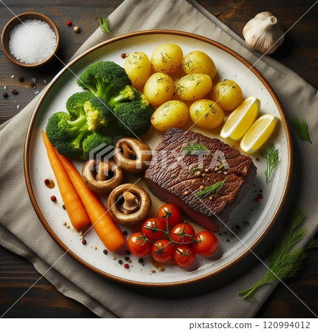 A plate with steak boiled potatoes broccoli carrots mushrooms cherry tomatoes lemon wedges and garnished with herbs. 120994012