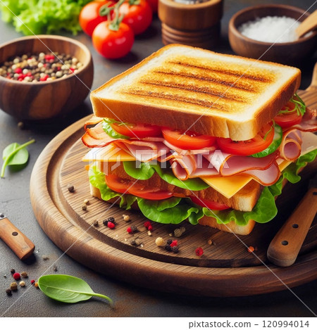 A delicious sandwich with ham cheese lettuce and tomato on a wooden board surrounded by fresh ingredients and spices. A delicious sandwich with ham cheese lettuce and tomato on a wooden board surrounded by fresh ingredients and spices. 120994014