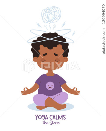 Thoughtful sad afro american boy sits in lotus pose meditates. Confused thoughts and tangled tangle, problem solving depression and sadness. Psychological concept finding solutions. Vector 120994070