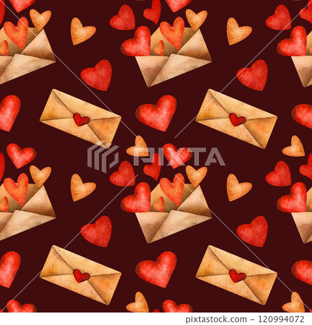Watercolor Valentines Day seamless pattern with envelopes with heart seals, open letters with red and orange hearts, and scattered heart shapes. Romantic warm theme in vibrant red, orange and beige 120994072