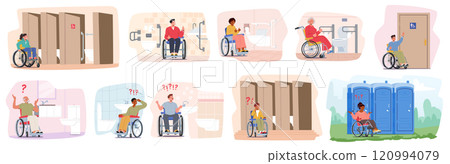 Equipped and unequipped hygiene space restroom environment for inclusive people using wheelchair 120994079