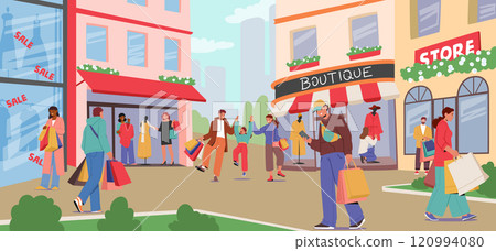 City main street with different shops and stores building exterior urban scene vector illustration 120994080