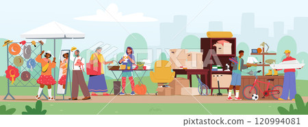 People sellers and customers enjoying garage sale at flea market, second hand weekend store People sellers and customers enjoying garage sale at flea market, second hand weekend store 120994081