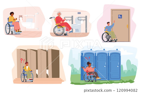 Inclusive people character in wheelchair using lavatory restroom with various services and condition 120994082