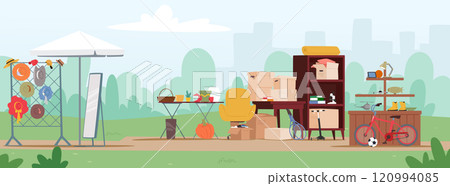 Garage sale cartoon yard background with vintage goods, obsolete household stuff and furniture 120994085