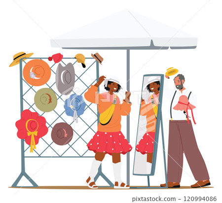 Man and woman customers cartoon characters selecting buying hats at garage sale street flea market 120994086