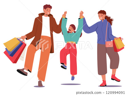 Happy family with cheerful boy son child after shopping having fun and enjoying holiday purchases 120994091