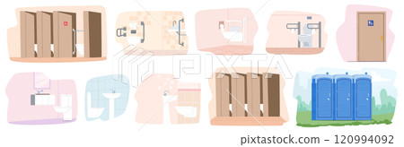 Variety of lavatory room, hygiene restroom, park WC, public indoor sanitary washroom interior design 120994092