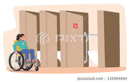 Little inclusive child cartoon character with physical disability in wheelchair accessible restroom 120994094