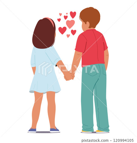 Loving little children cartoon character standing holding hand in hand view from behind back 120994105