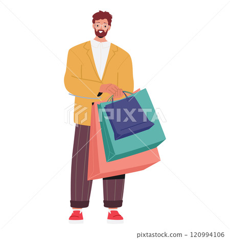 Elegant trendy fashion guy shopper cartoon character standing with sale purchases in shopping bags 120994106
