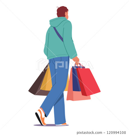 Man customer cartoon character carrying paper shopping bags in hands walking view behind back Man customer cartoon character carrying paper shopping bags in hands walking view behind back 120994108