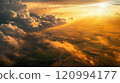 Golden Horizon Stunning Aerial View of a Beautiful Sunrise over Expansive Fields and Nature 120994177